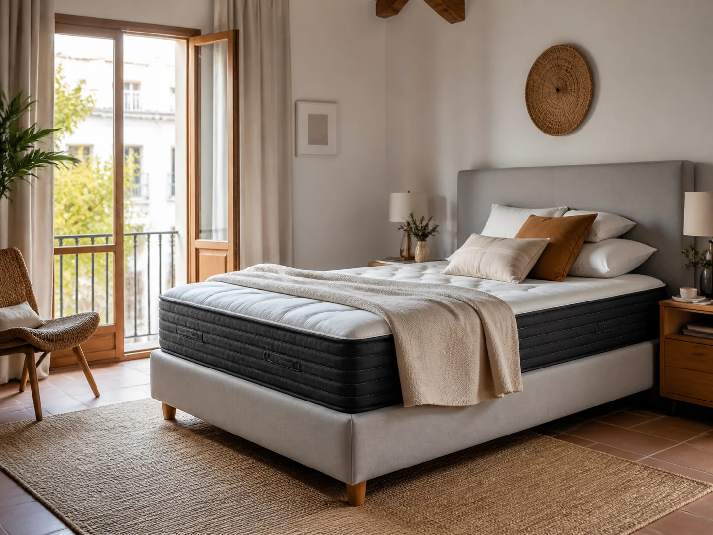 Dormitorio con colchón, base tapizada y almohadas